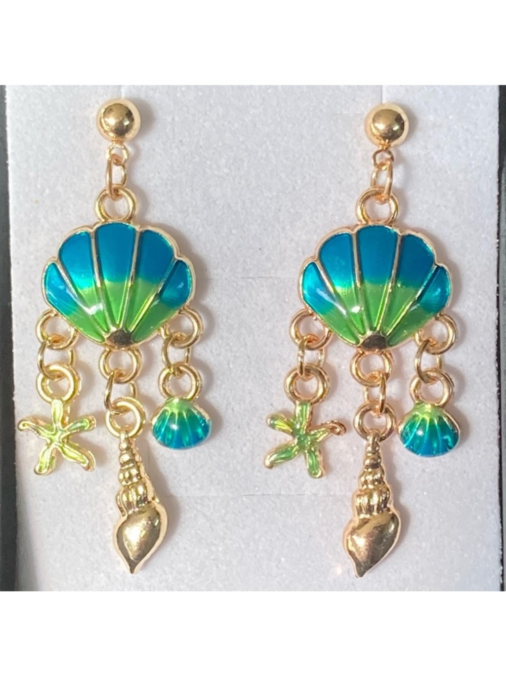 Blue & Green Ombré Seashell with Starfish Gold Toned Stud Earrings